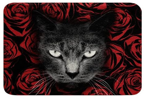 3D Katzen Badteppich rote Rose Badematte romantische Blumen rutschfeste Badeteppiche Jungen Schwarze Katze Plüsch Tiermotiv Duschteppich Jungen Mädchen Männer Frauen Valentinstagsgeschenk,50 x 80 cm
