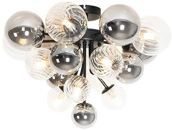 Qazqa - Art Deco Deckenleuchte I Deckenlampe I Lampe I Leuchte schwarz mit Rauchglas und klarem Glas 10-flammig - Bonnie I Wohnzimmer I Schlafzimmer - Rund - LED geeignet G9
