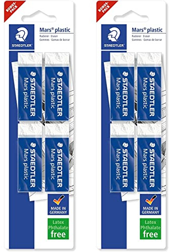 Staedtler Mars Plastic 526 50 - Weißer Bleistiftradiergummis, Blisterpackung, 8 Stück