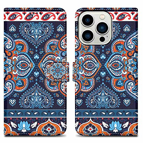 Cadorabo Hülle kompatibel mit Apple iPhone 14 PRO Handyhülle ausim Muster Design Premium Kunst Leder Flip Klappbare Stoßfeste Magnetische [Standfunktion] Case Hülle für iPhone 14 PRO in Blau