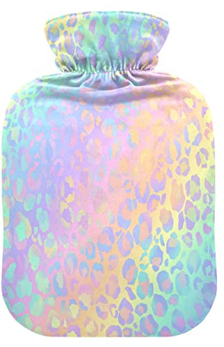 Mnsruu Rainbow Leopard Print Rose Gold Cheetah Hot Water Bottle with Velvet Cover, 2L Transparent Hot Water Bag for Hand Foot Warmer Pain Relief Hot Cold Therapy Cramps