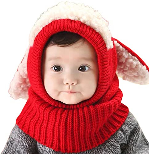 Warm Mütze und Schal Set für Jungen Mädchen 3-6 Jahre, Baby Beanie Mütze Stricken Wintermütze Warm Niedlich Hund Schlupfmütze Kinder Schalmütze Fleecefutter Strickmütze Thermische Kapuzenschal,Rot