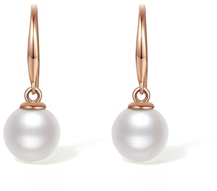 Ohrringe Perlen, Damen hängend PerlenOhrringe mit weiße Süßwasser perlen 7.5mm Ohrhänger aus Rose gold 18K Gold Gelbgold (750)