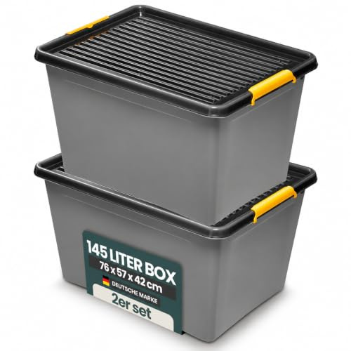 Aufbewahrungsbox mit Deckel & Rollen, Grau, nässegeschützt (2er 145 L) | Aus robustem Polypropylen, mobil und stabil, ideal zum Verstauen in Haushalt, Keller, Garage und Werkstatt