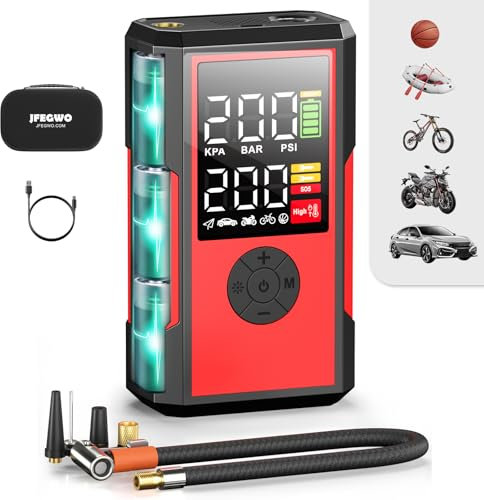 JF.EGWO Tire Inflator Portable Air Compressor, 200PSI 2X Faster Inflation Cordless Air Pump, Portable Electric Smart Auto Air Pump for Car Tires with Pressure Gauge Emergency Light, Red
