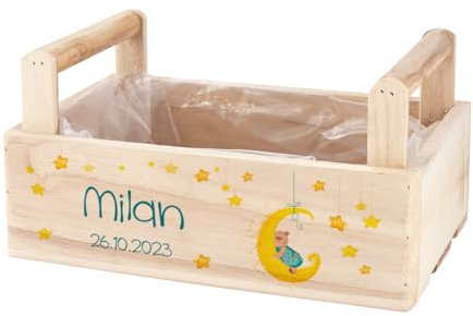 Striefchen® Pflanzkorb aus Holz als Geschenkbox zur Geburt - Motivauswahl - 2 Formen (Mond & Bär blau, 2 Griff)