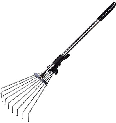 Verstellbarer Laubharken aus Stahl mit flachen Zinken für Rasenflächen und Höfe, erweiterbarer Rechen mit ausziehbarem Griff, 15 Zähne