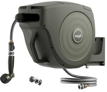Vego Gartenschlauchtrommel, einziehbar, Hi-Flow x 30,5 m, wandmontierte Schlauchtrommel, automatischer Rücklauf, Verriegelung jeder Länge, mit 9 Mustern, Sprühdüse, Schnellverbinder und verstellbarer