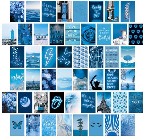Blaues Wand-Collage-Set, ästhetische Bilder, Wandkunst-Poster für Teenager, Mädchen, Zimmer oder Schlafzimmer, Boho-Bilder, Poster, ästhetische Wanddekoration, 50 Stück, 10,2 x 15,2 cm (4 x 6 Zoll)