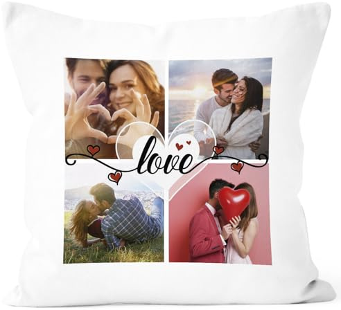 SpecialMe® Kissen-Bezug Liebe mit Foto-Collage eigene Bilder Wunschtext Schriftzug Love persönliche Geschenkideen personalisierbar Baumwolle Weiss Standard