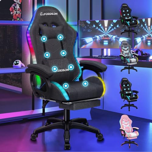 ELFORDSON 8-Point Massage Gaming Chair with RGB LED, Massaging Office Chair with Lumbar Support Footrest 82cm High Back 150° Recliner, Adults and Kids, Fabric Linen, Dark Grey