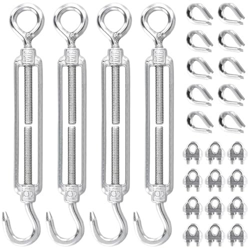 KEILEOHO Set di 26 tenditori per fune, 4 tenditori in acciaio inox + 12 morsetti per fune metallica + 10 fascette per cavi, 145 mm, tenditore regolabile M6, tenditore per cavi in acciaio inox