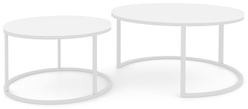 GREKPOL Couchtisch 2er Set - Runde Couchtische 48x70 + 42x50 cm - Rund Couchtisch Weiß Glanz - Coffee Table - Kafeetisch