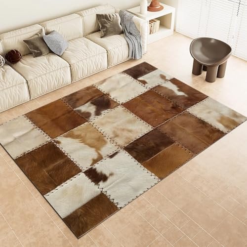 Genérico Alfombra de salón 180x240cm, Cuadrados De Patchwork De Piel De Vaca Alfombra Estampada Lavable Antideslizante, Alfombras de área Suaves para Sala de Estar o Dormitorio Marrón