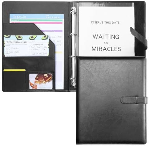 A4 Portfolio Folder with Ring Binder, Document Folder with 45 Plastic Sleeves Faux Leather Conference Folder for Business Organizer Interview and Meeting (Black)