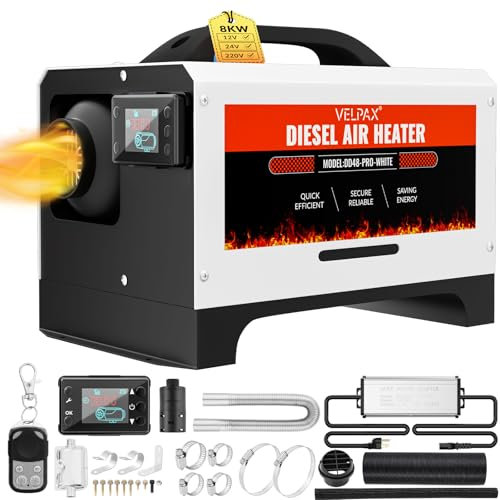 VELPAX Riscaldatore d'Aria Diesel all-in-One 8KW 12V 24V 220V riscaldatore d'Aria Diesel con silenziatore, LCD e Telecomando Riscaldamento rapido per Camper,Macchine,Camion,Barche,Autobus