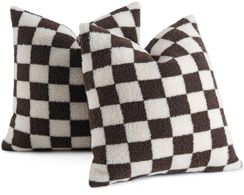 AmHoo 2er Set Dekorative Kissenbezug Schachbrett Dekokissen Sofakissen Luxus Super Sanft Kunstpelz Wolle Set Fall Kissen für Couch Sofa Schlafzimmer 50x50 cm Braun