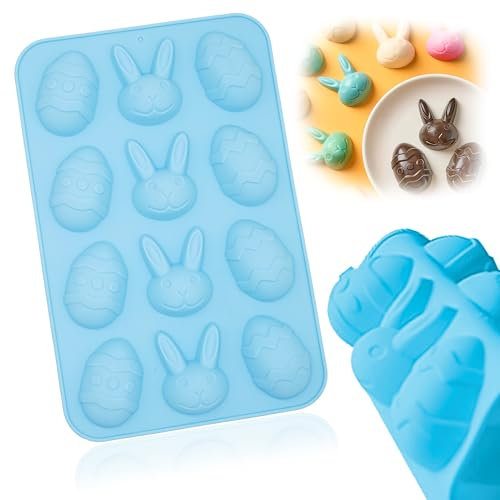 Large Easter Bunny Egg Silicone Mold, 12 Cavity Blue Non-Stick Reusable Baking Tray, Chocolate Fondant Jelly Candy Mould for DIY Easter Party Supplies, 22.5cm