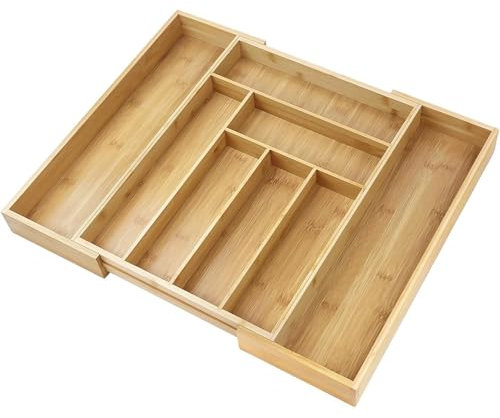 Range-couverts en bambou 32-52 x 43 x 5 cm, grand tiroir de cuisine, 6 à 8 compartiments, porte-ustensiles, organisateur de cuisine, boîte de rangement, séparateur pour le bureau à domicile