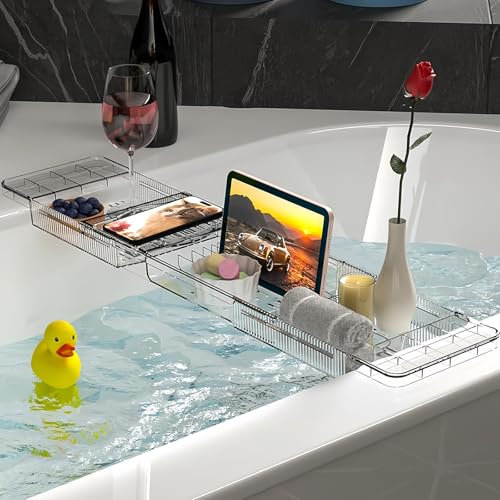 Plateau de baignoire en plastique, plateau de baignoire, planche de bain réglable, étagères de baignoire pour la plupart des tailles de baignoire, espace pour les accessoires de bain, pour serviettes,