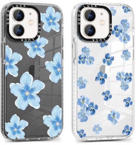 Yoedge 2 Pack Transparent Blue Flowers Phone Case for iPhone 12/iPhone 12 Pro 6.1, Fashion Floral Aesthetics Pattern Design,Soft Silicone Shockproof Bumper Protector Girls Women Cover, for iPhone 12