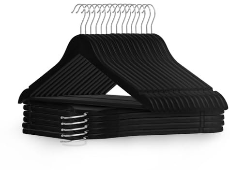 KEPLIN Strong Wooden Coat Hangers with 360 Degree Rotatory Hook & Round Trouser Bar & Shoulder Notches - Durable Wardrobe Space Saver - Suitable for Coat, Jacket, Suit, Jumper (Black, 20 Pack)