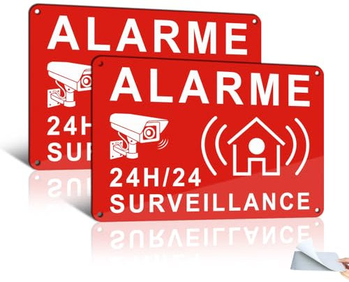 Goodvia Panneau Alarme Vidéo Surveillance avec Adhésif 22x15cm 24H, Aluminium Réfléchissant, Résistant aux UV, Imperméable, Rouge x2