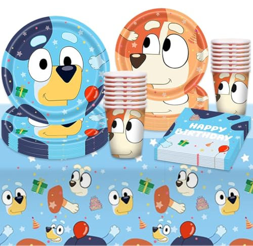 51pcs Dog Birthday Decorations, Blue Puppy Party Tableware Set, Blue Dog Children's Birthday Party Supplies Includes Plates Napkins Tablecloths Cups Birthday Party Set for Kids, 10 Guests