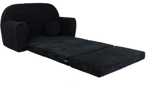 FORTISLINE - Kindersofa Rosalia - Klappsofa mit Verlängerung aus Cord - Schlafcouch 100 x 60 x 50 cm - Ausklappbares Sofa mit 2 Kissen - Oeko-TEX Zertifiziert - in 7 Farben - Schwarz