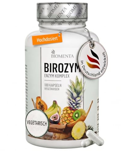 BIOMENTA BIROZYM Enzym Komplex I 180 Kapseln mit 2650 mg reinen Enzymen pro Einheit I 13er Multi Frucht Enzyme mit Bromelain & Papain I Vegetarische Premium Nahrungsergänzungsmittel I Ohne Zusätze