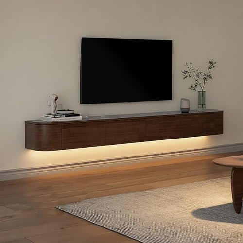Meuble TV mural moderne avec lumières LED - Meuble de divertissement flottant - Support de rangement multimédia avec tiroirs et étagères pour salon - Finition noyer - 200 cm
