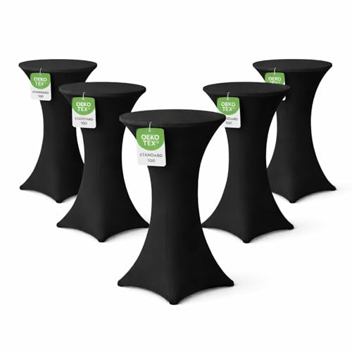 EXKLUSIV HEIMTEXTIL Stehtischhusse für Bistrotisch mit 4 verstärkten Fußlaschen elastisch Stretch Oeko-TEX Zertifiziert Ø 80-85x110-120 cm Schwarz (5 Stück)