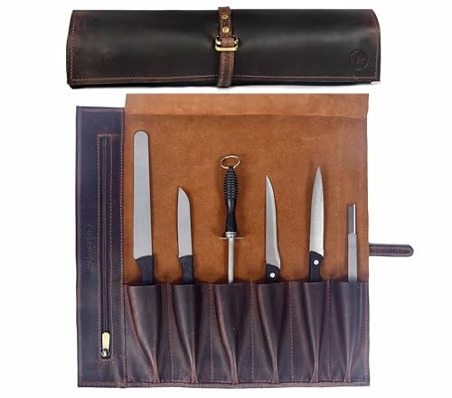 Leather Knife Roll Wrap with 7 Slots, Professional Chef Knife Case with Buckle Closure, Brown (Leather, Walnut)