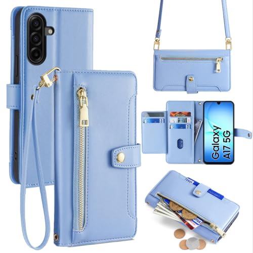Handykette kompatibel mit Samsung Galaxy A17 | Leder Handyhülle mit Kartenfächern | Handyhülle zum Umhängen | Hellblau