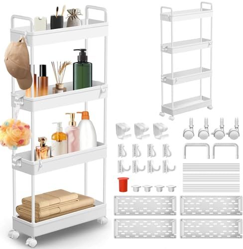 Lucn 4 Tier Slim Kitchen Food Storage Trolley Cart Rack Tray Shelf Rolling Wheel Bathroom Storage Trolley Cart on Wheels Kitchen Laundry Rolling Rack