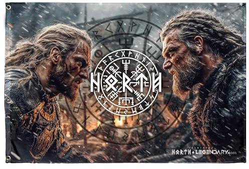 North Legendary Fahne Wikinger Motiv - Wandfahne 120 x 80 cm - Zimmerfahne, Wandbanner - 4 Eckösen, randverstärkt - Deko für Zimmer, Mittelalter LARP und Viking Gaming