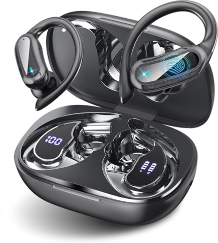 TRAUSI Kabellose Bluetooth-Kopfhörer, Bluetooth 5.3 Stereo, Over-Ear-Kopfhörer, Mikrofon mit Geräuschunterdrückung, IPX7 wasserdichtes Headset für Workout/Laufen, Glänzendes Schwarz