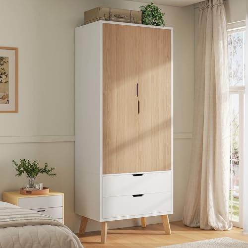 LUXOAK Wardrobe with 2 Drawers, Freestanding Bedroom Wardrobe with Hanging Rail and 2 Doors, White and Natural Wood Clothes Cabinet, 198 x 76 x 50 cm