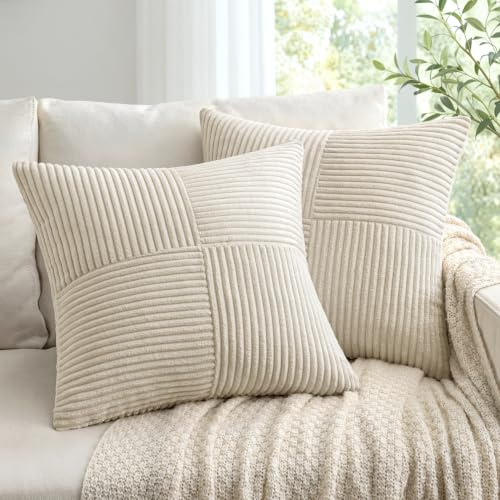 Woaboy Kissenbezug 40x40 cm Beige 2er Set Weicher Kordelstoff | für Sofa Bett Sessel Wohnzimmer und Schlafzimmer vielseitig kombinierbar passend zu modernem skandinavischem und boho Stil
