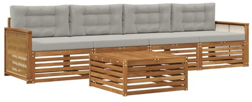 vidaXL Outdoor-Sofagarnitur mit Kissen 5 pcs Natürlich und Hellgrau, Gartenmöbel, Moderne Sitzgruppe, L-förmiges Sofa für Terrasse, relaxen im Lounge-Stil