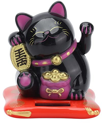 Tomedny Chat Porte-Bonheur à énergie Solaire, Chat Porte-Bonheur Mignon avec Bras ondulé, pour Maison, Bureau, Voiture (Noire)