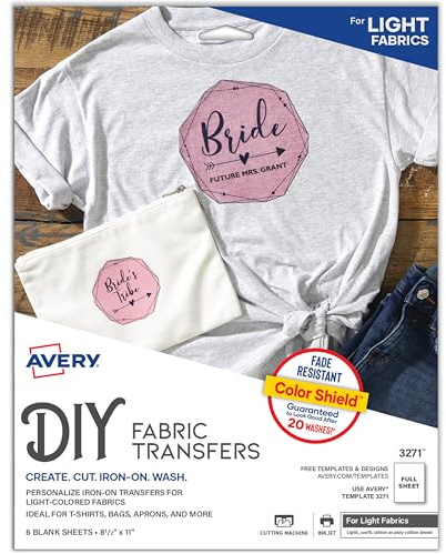 Avery Printable Heat Transfer Paper for Light Fabrics, 8.5 x 11, Inkjet Printer, 6 Iron On Transfers (3271)