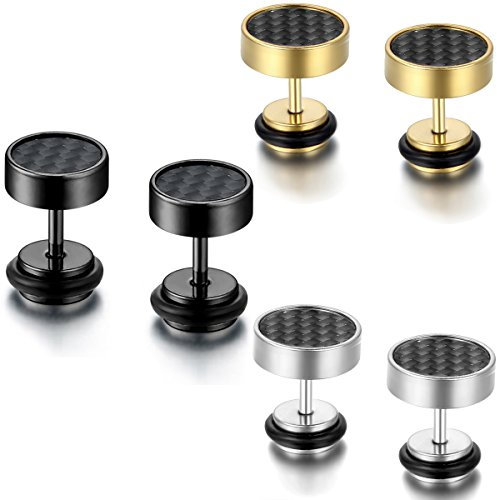 Flongo Damen Ohrringe Männer Ohrstecker, 6 Stück Gestüt Stecker Kohlenstoff Carbon Fiber Kohlefaser Herren Ohrringe Ohrstecker Ohrhänger Schwarz Silber Taper Fake Plug Tunnel aus Edelstahl