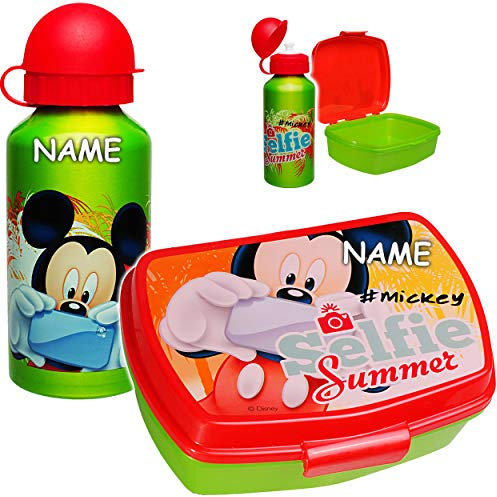 alles-meine.de GmbH 2 TLG. Set Lunchbox/Brotdose + Trinkflasche - - Mickey Mouse - inkl. Name - BPA frei - Kindertrinkflasche - Brotbüchse Küche Essen - 1 Fach - für Mädchen ..