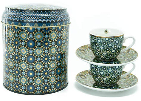 IMAGES D'ORIENT Geschenkset 2 in 1 Metalldosen mit 2 x 90ml Porcalain Espressotassen Espressobecher Moccatassen je mit einem Unterteller in mediterranem, orientalischem Design