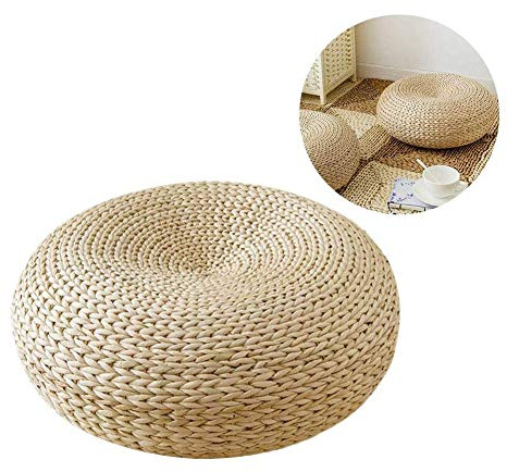 Japanischer Stil, gewebtes Strohkissen, handgewebt, rund, Tatami, Bodenkissen, handgefertigt, umweltfreundlich, Stroh, Flachsitzkissen, Strohfuton, Sitzkissen für Garten, Esszimmer, Dekoration weiß