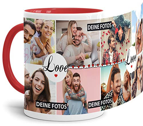 Tasse mit Spruch Love zum SELBSTGESTALTEN mit Foto-Collage für 8 WUNSCHFOTOS - Fototasse personalisiert - Persönliche Geschenkidee für Freunde und Familie - Innen & Henkel Rot