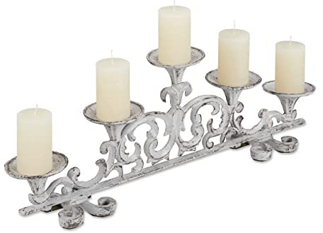 1 x Kerzenständer antik, 5-armig, Kerzenhalter Stumpenkerzen, Shabby Chic, Gusseisen, HBT 20 x 59 x 9,5 cm, weiß