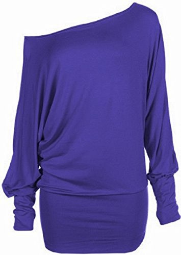 Crazy Girls Womens Long Sleeve One Off-Shoulder Plain Baggy Batwing Top UK8-24, Purple, ML (UK 12-14)
