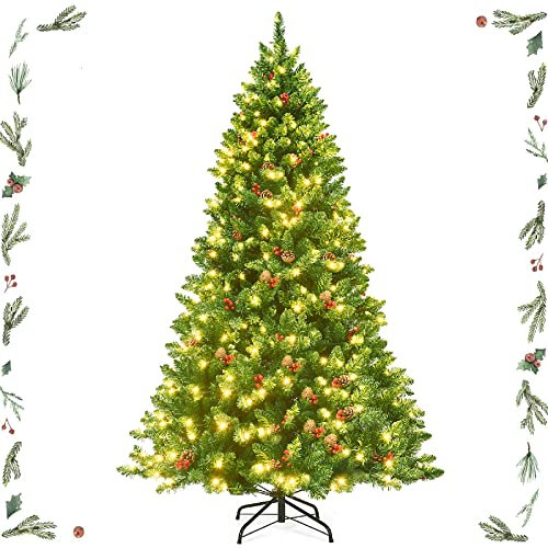 GYMAX Albero di Natale Slim 195 cm, Illuminato a 450 Luci Incorporate, 1100 Rami Folti in PVC, 56 Bacche e Pigne, Base in Metallo, Monatggio e Trasporto Facile, Albero Divisibile Verde